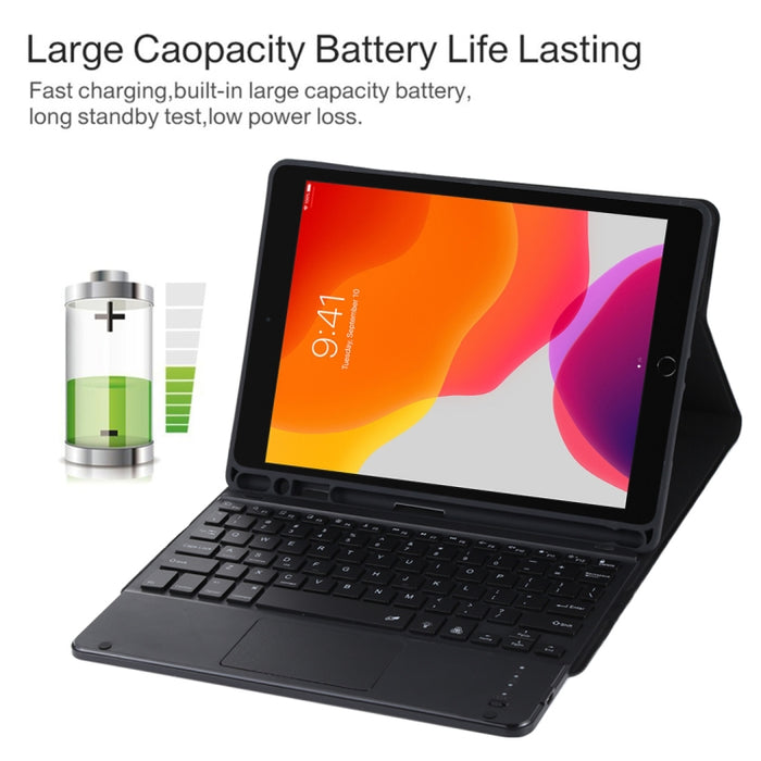 TG-102BCS Teclado negro Bluetooth desmontable + Funda de cuero de microfibra para tableta para iPad de 10,2 pulgadas / iPad Air (2019), con panel táctil, retroiluminación, ranura para bolígrafo y soporte