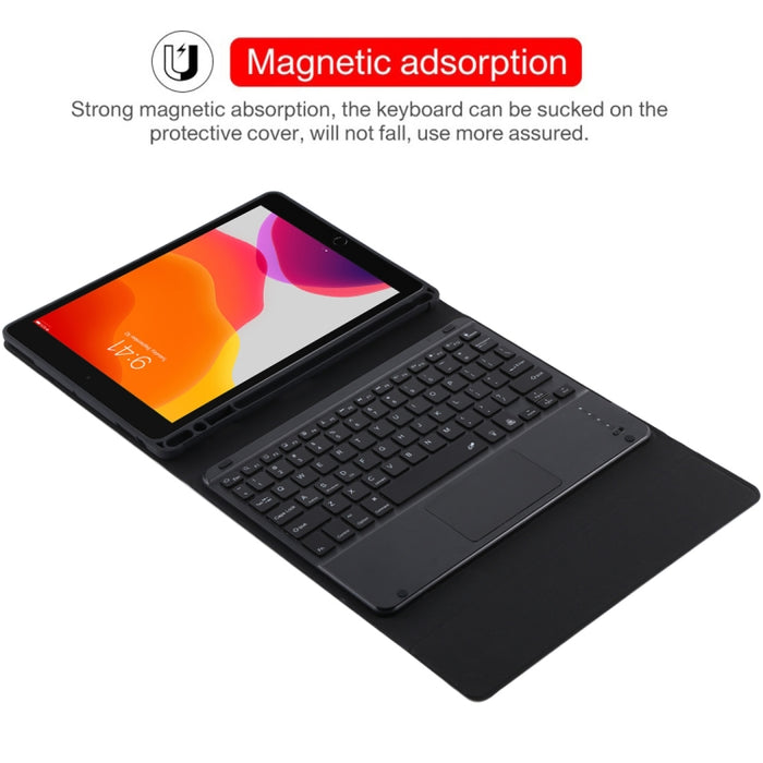 TG-102BCS Teclado negro Bluetooth desmontable + Funda de cuero de microfibra para tableta para iPad de 10,2 pulgadas / iPad Air (2019), con panel táctil, retroiluminación, ranura para bolígrafo y soporte
