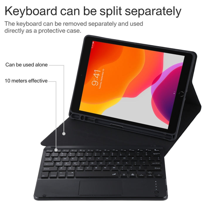 TG-102BCS Teclado negro Bluetooth desmontable + Funda de cuero de microfibra para tableta para iPad de 10,2 pulgadas / iPad Air (2019), con panel táctil, retroiluminación, ranura para bolígrafo y soporte
