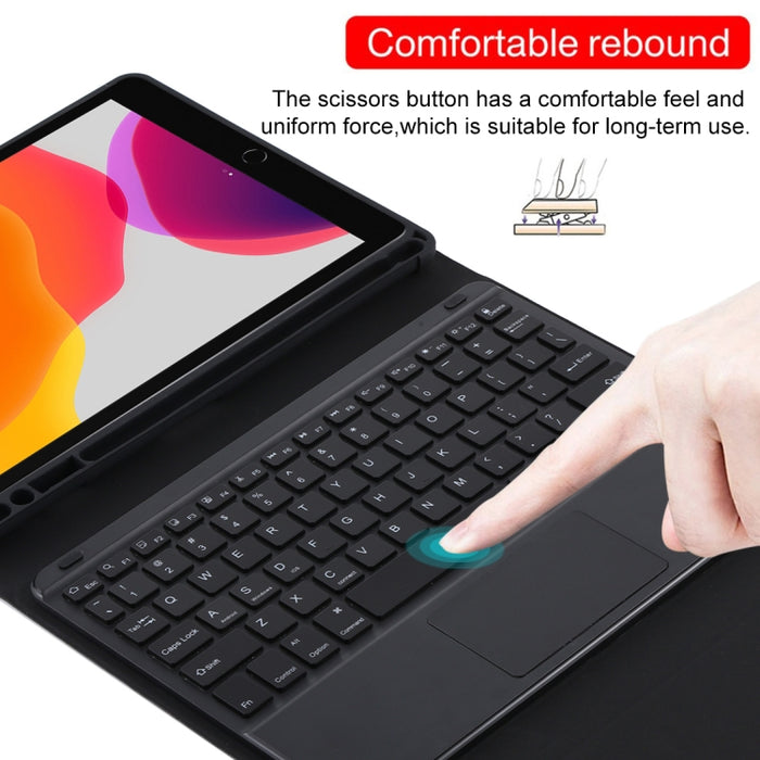 TG-102BCS Teclado negro Bluetooth desmontable + Funda de cuero de microfibra para tableta para iPad de 10,2 pulgadas / iPad Air (2019), con panel táctil, retroiluminación, ranura para bolígrafo y soporte