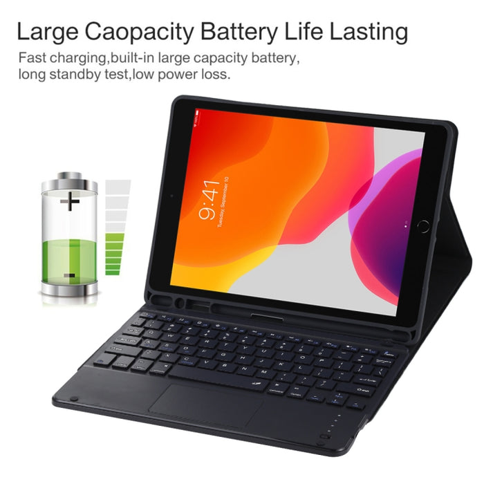TG-102BC Teclado negro Bluetooth desmontable + Funda de cuero de microfibra para tableta para iPad de 10,2 pulgadas / iPad Air (2019), con panel táctil, ranura para lápiz y soporte
