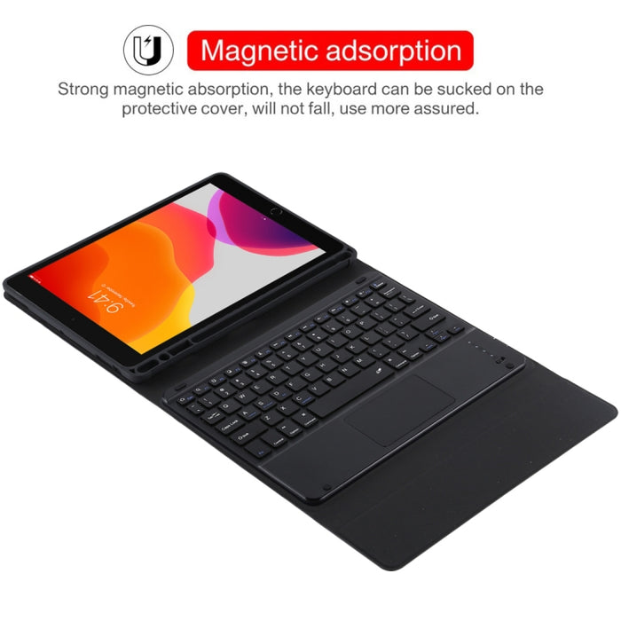 TG-102BC Teclado negro Bluetooth desmontable + Funda de cuero de microfibra para tableta para iPad de 10,2 pulgadas / iPad Air (2019), con panel táctil, ranura para lápiz y soporte
