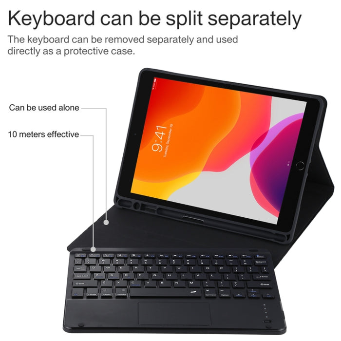 TG-102BC Teclado negro Bluetooth desmontable + Funda de cuero de microfibra para tableta para iPad de 10,2 pulgadas / iPad Air (2019), con panel táctil, ranura para lápiz y soporte