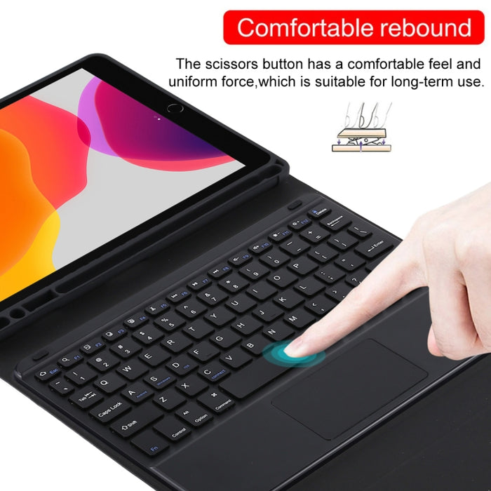 TG-102BC Teclado negro Bluetooth desmontable + Funda de cuero de microfibra para tableta para iPad de 10,2 pulgadas / iPad Air (2019), con panel táctil, ranura para lápiz y soporte