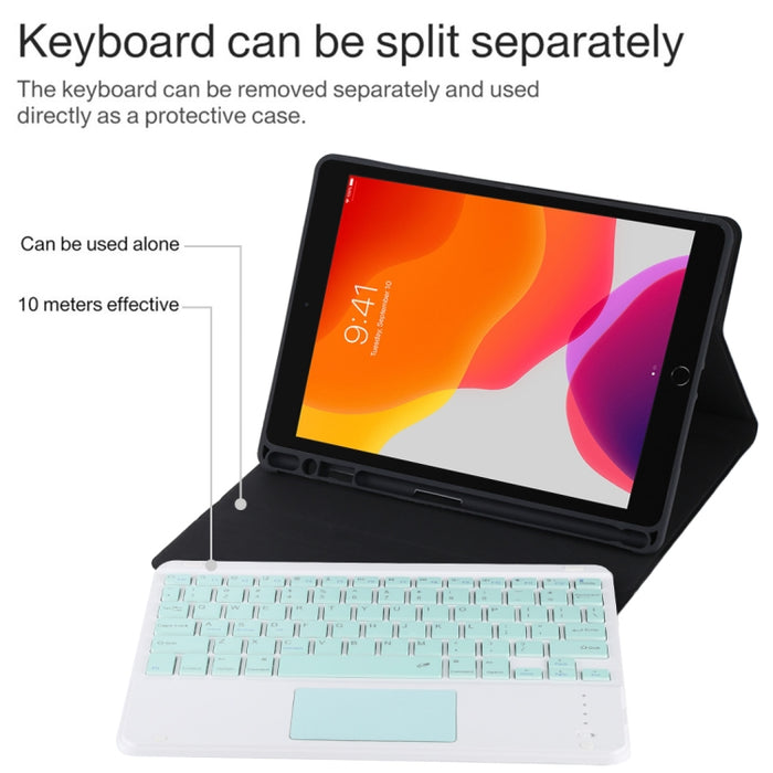 TG-102BC Teclado verde Bluetooth desmontable + Funda de cuero de microfibra para tableta para iPad de 10,2 pulgadas / iPad Air (2019), con panel táctil, ranura para lápiz y soporte
