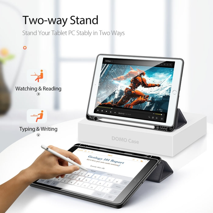 Para iPad 10.2 DUX DUCIS Domo Series Funda de cuero PU magnética con tapa horizontal con soporte plegable triple y ranura para bolígrafo y función de suspensión / activación
