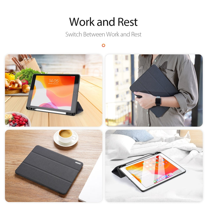 Para iPad 10.2 DUX DUCIS Domo Series Funda de cuero PU magnética con tapa horizontal con soporte plegable triple y ranura para bolígrafo y función de suspensión / activación