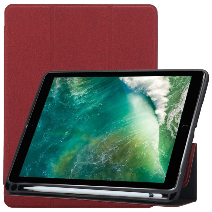 Funda de cuero con tapa horizontal con patrón de textura de tela para iPad Pro de 10,5 pulgadas, con soporte plegable triple y ranuras para bolígrafos