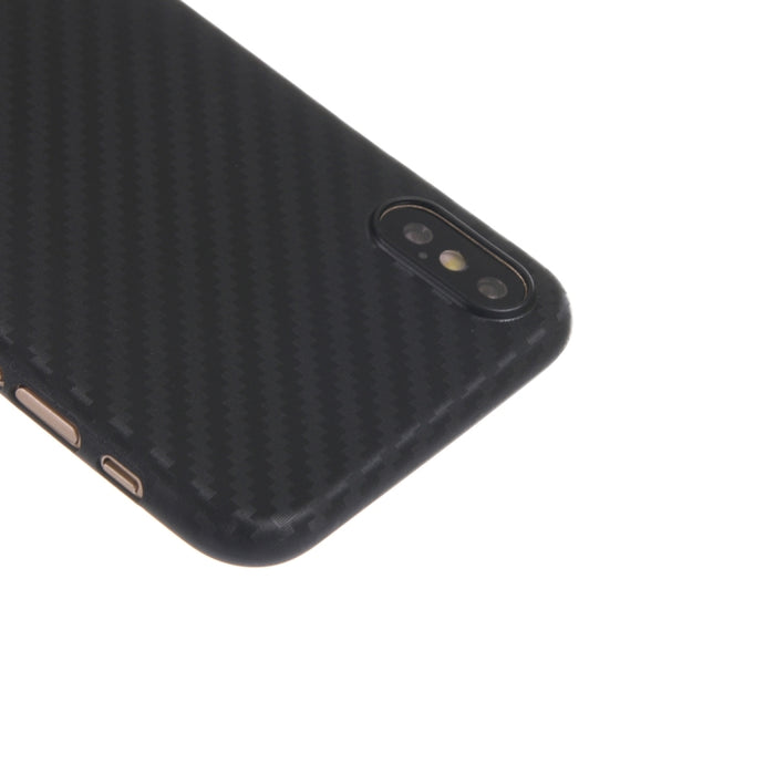 Para iPhone X / XS Funda protectora trasera de PP con textura de fibra de carbono