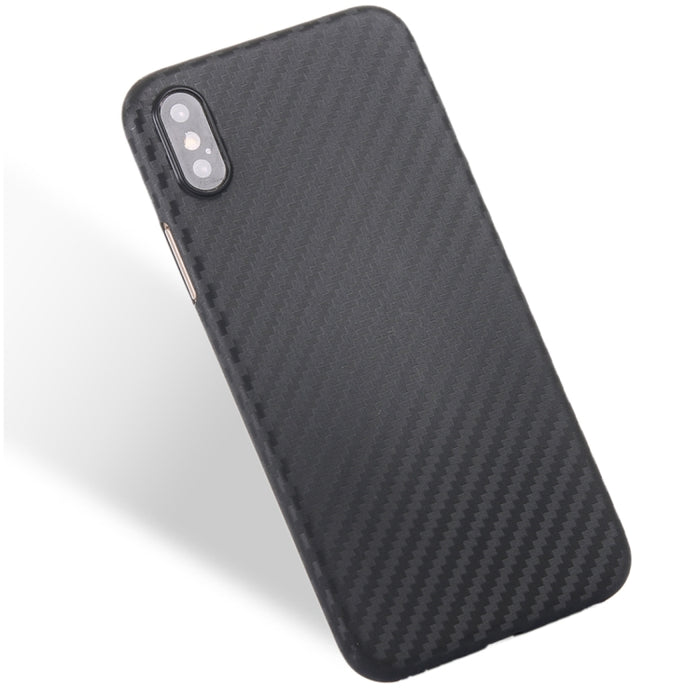 Para iPhone X / XS Funda protectora trasera de PP con textura de fibra de carbono