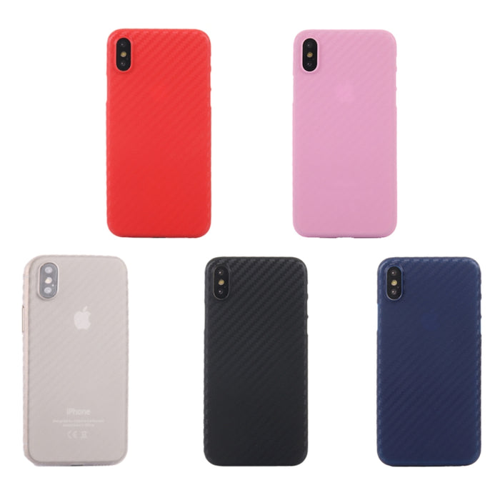 Para iPhone X / XS Funda protectora trasera de PP con textura de fibra de carbono