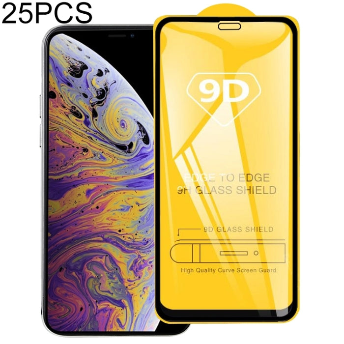 Protector de pantalla de vidrio templado de pantalla completa 9H 9D de 25 piezas para iPhone XS Max / iPhone 11 Pro Max