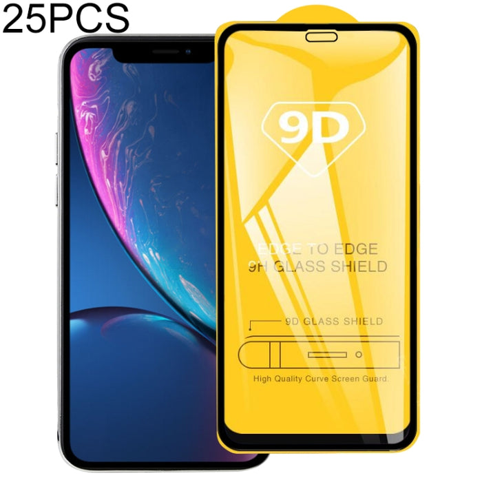 Protector de pantalla de vidrio templado de pantalla completa 9H 9D de 25 piezas para iPhone XR / iPhone 11
