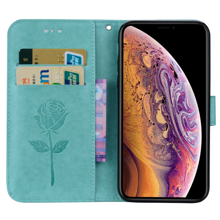 Para iPhone XS Max Rose Funda de cuero PU con tapa horizontal en relieve con soporte, ranuras para tarjetas y billetera