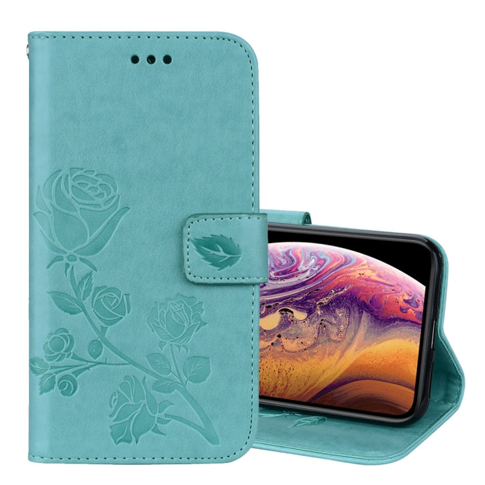 Para iPhone XS Max Rose Funda de cuero PU con tapa horizontal en relieve con soporte, ranuras para tarjetas y billetera