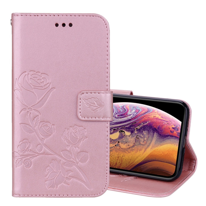 Para iPhone XS Max Rose Funda de cuero PU con tapa horizontal en relieve con soporte, ranuras para tarjetas y billetera