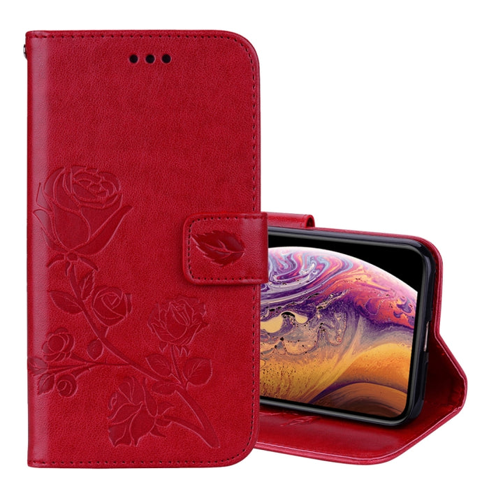 Para iPhone XS Max Rose Funda de cuero PU con tapa horizontal en relieve con soporte, ranuras para tarjetas y billetera