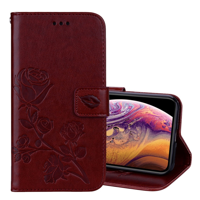 Para iPhone XS Max Rose Funda de cuero PU con tapa horizontal en relieve con soporte, ranuras para tarjetas y billetera