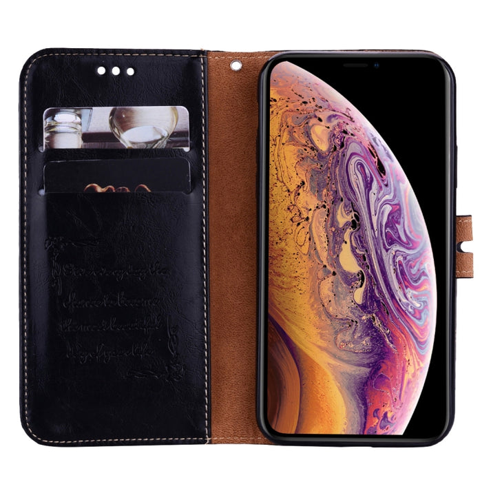 Para iPhone XS Max Business Style Oil Wax Texture Funda de cuero con tapa horizontal con soporte, ranuras para tarjetas y billetera