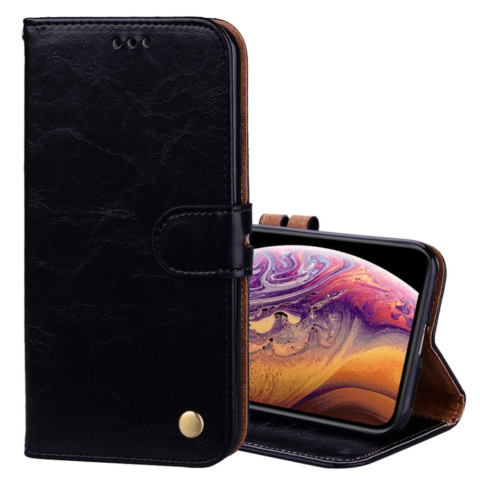 Para iPhone XS Max Business Style Oil Wax Texture Funda de cuero con tapa horizontal con soporte, ranuras para tarjetas y billetera