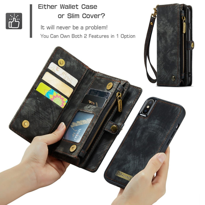 Para iPhone XS Max CaseMe Funda de cuero con tapa horizontal multifuncional desmontable con ranura para tarjeta, soporte, billetera con cremallera y marco de fotos