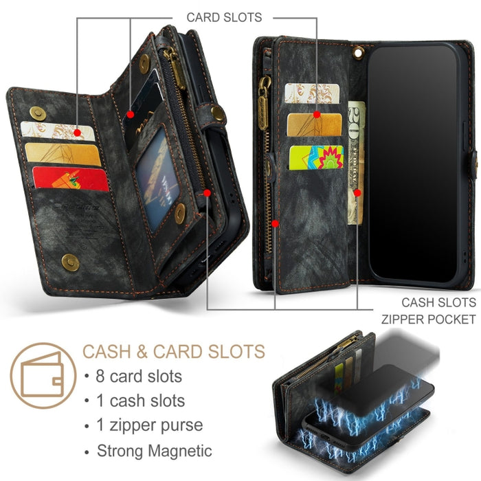 Para iPhone XS Max CaseMe Funda de cuero con tapa horizontal multifuncional desmontable con ranura para tarjeta, soporte, billetera con cremallera y marco de fotos