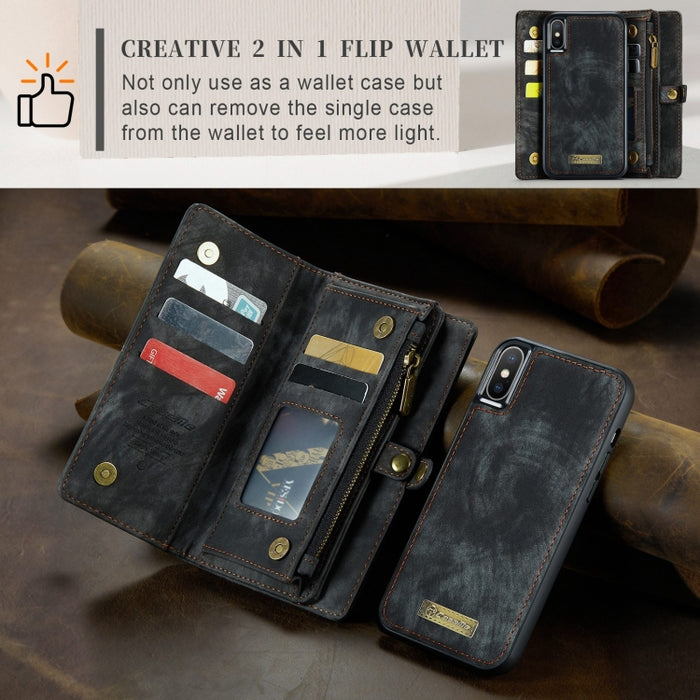 Para iPhone XS Max CaseMe Funda de cuero con tapa horizontal multifuncional desmontable con ranura para tarjeta, soporte, billetera con cremallera y marco de fotos