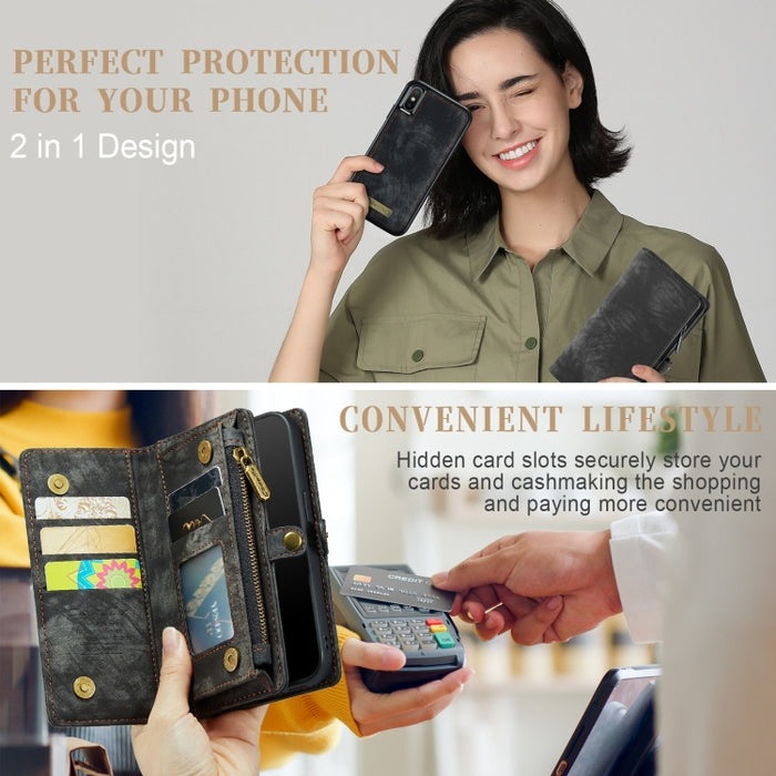 Para iPhone XS Max CaseMe Funda de cuero con tapa horizontal multifuncional desmontable con ranura para tarjeta, soporte, billetera con cremallera y marco de fotos