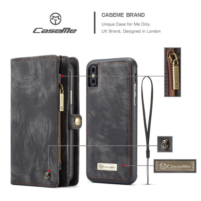 Para iPhone XS Max CaseMe Funda de cuero con tapa horizontal multifuncional desmontable con ranura para tarjeta, soporte, billetera con cremallera y marco de fotos