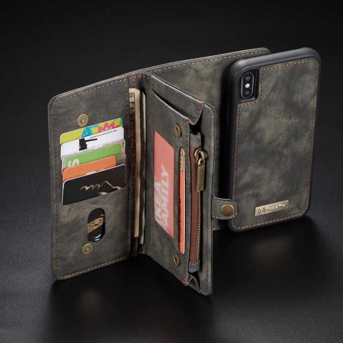 Para iPhone XS Max CaseMe Funda de cuero con tapa horizontal multifuncional desmontable con ranura para tarjeta, soporte, billetera con cremallera y marco de fotos