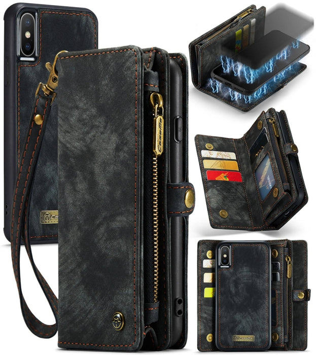 Para iPhone XS Max CaseMe Funda de cuero con tapa horizontal multifuncional desmontable con ranura para tarjeta, soporte, billetera con cremallera y marco de fotos