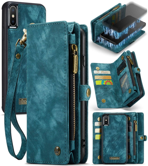 Para iPhone XS Max CaseMe Funda de cuero con tapa horizontal multifuncional desmontable con ranura para tarjeta, soporte, billetera con cremallera y marco de fotos
