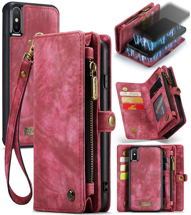Para iPhone XS Max CaseMe Funda de cuero con tapa horizontal multifuncional desmontable con ranura para tarjeta, soporte, billetera con cremallera y marco de fotos
