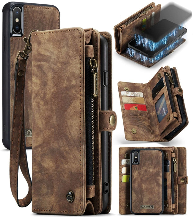 Para iPhone XS Max CaseMe Funda de cuero con tapa horizontal multifuncional desmontable con ranura para tarjeta, soporte, billetera con cremallera y marco de fotos