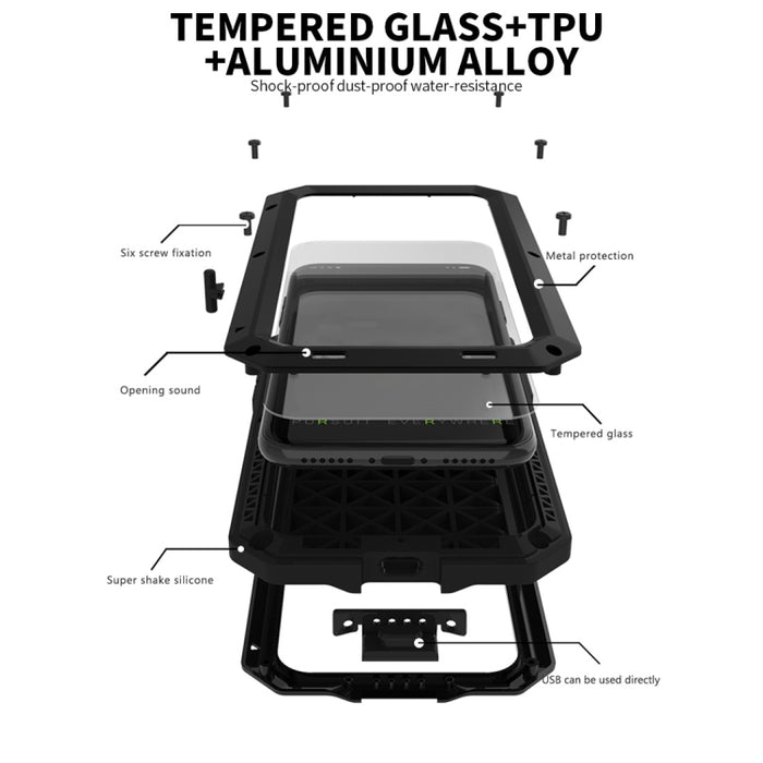 Para iPhone XS Max Impermeable A prueba de polvo Aleación de aluminio a prueba de golpes + Vidrio templado + Funda de silicona