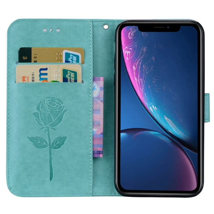 Para iPhone XR Funda de cuero PU con tapa horizontal en relieve rosa, con soporte, ranuras para tarjetas y billetera
