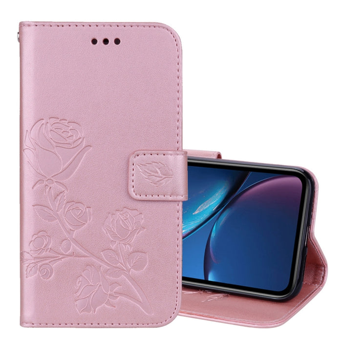 Para iPhone XR Funda de cuero PU con tapa horizontal en relieve rosa, con soporte, ranuras para tarjetas y billetera