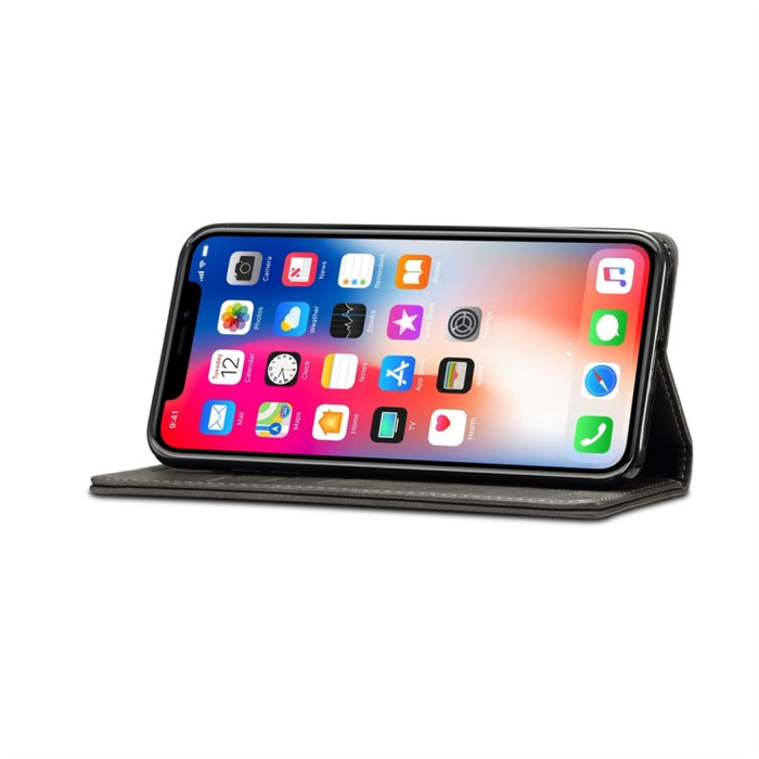 Para iPhone XR Suteni Funda de cuero con tapa horizontal con textura de becerro con soporte, ranuras para tarjetas y billetera
