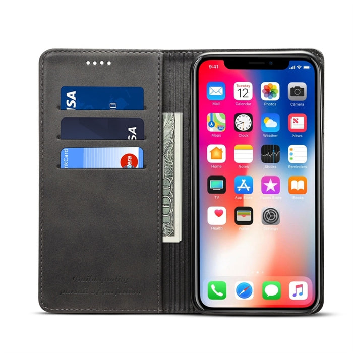 Para iPhone XR Suteni Funda de cuero con tapa horizontal con textura de becerro con soporte, ranuras para tarjetas y billetera