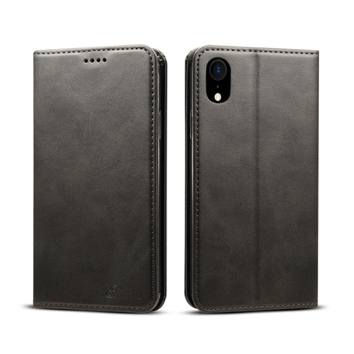 Para iPhone XR Suteni Funda de cuero con tapa horizontal con textura de becerro con soporte, ranuras para tarjetas y billetera