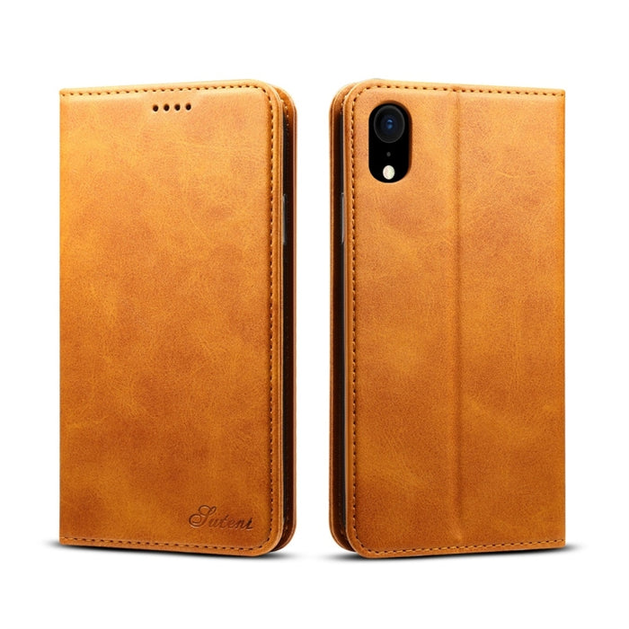 Para iPhone XR Suteni Funda de cuero con tapa horizontal con textura de becerro con soporte, ranuras para tarjetas y billetera