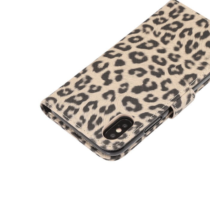 Para iPhone XS Funda de cuero con tapa horizontal con patrón de leopardo con soporte y ranuras para tarjetas