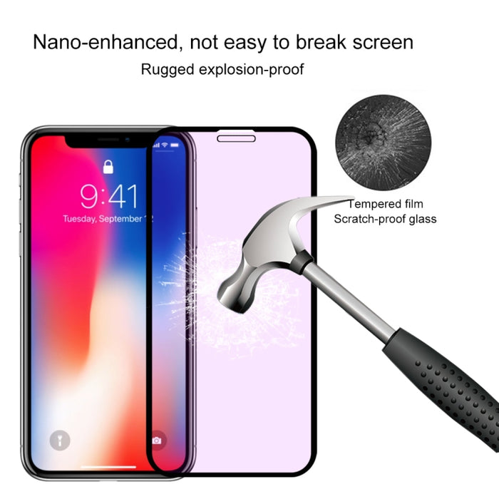 Para iPhone 11 Pro / XS / X Película de vidrio templado de rayos púrpuras de pantalla completa antirrayas 9H 10D