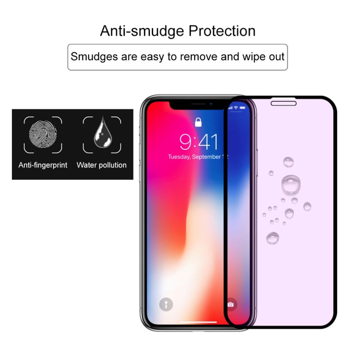 Para iPhone 11 Pro / XS / X Película de vidrio templado de rayos púrpuras de pantalla completa antirrayas 9H 10D
