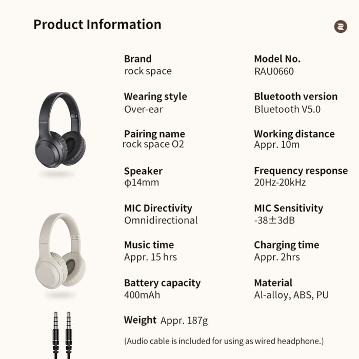 ROCK Space O2 HiFi Bluetooth 5.0 Auriculares inalámbricos con micrófono, compatible con tarjeta TF