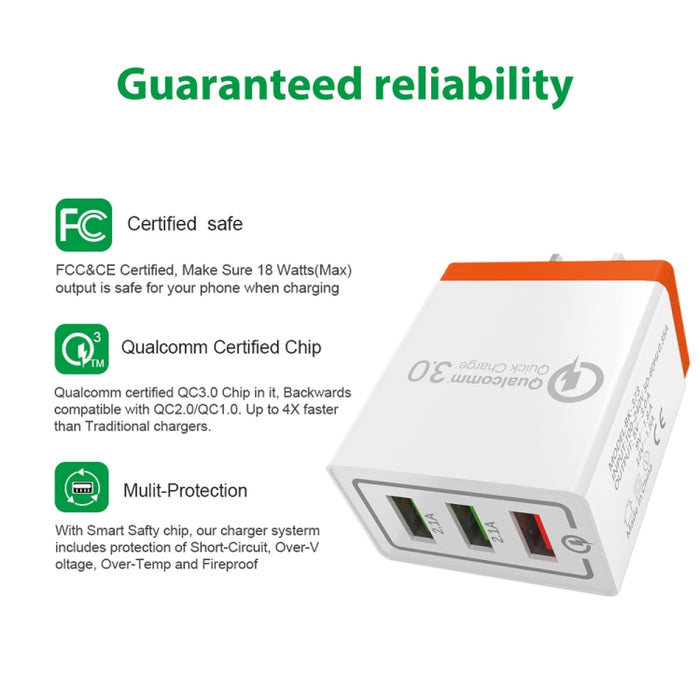 AR-QC-03 Cargador de viaje con cargador rápido de 3 puertos USB 2.1A, enchufe de EE. UU.