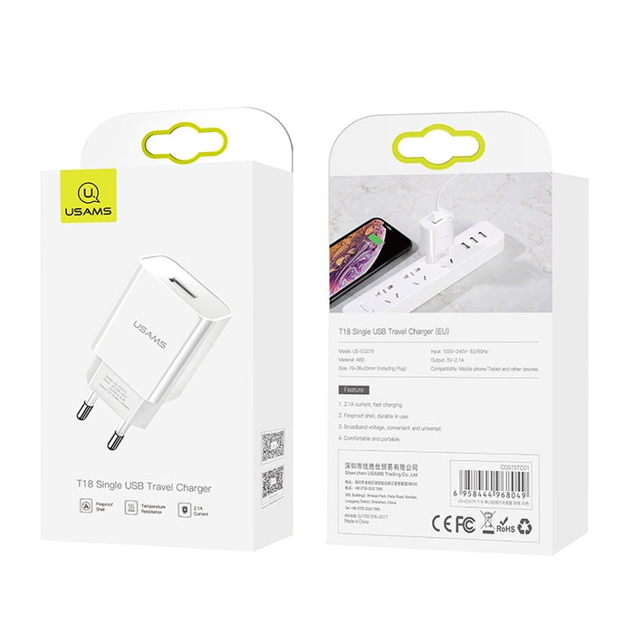 USAMS US-CC075 T18 2.1A Cargador de viaje USB único, enchufe de la UE