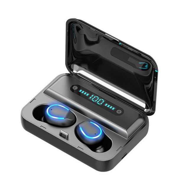 F9-5 Auricular Bluetooth táctil inteligente con cancelación de ruido y caja de carga, compatible con pantalla de alimentación LED de tres pantallas, llamadas HD, banco de energía y Siri