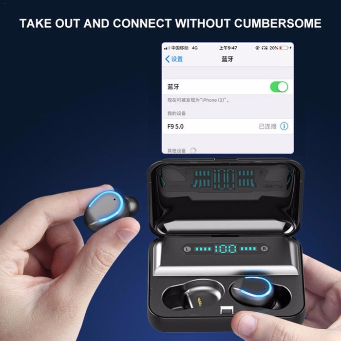 F9-5 Auricular Bluetooth táctil inteligente con cancelación de ruido y caja de carga, compatible con pantalla de alimentación LED de tres pantallas, llamadas HD, banco de energía y Siri