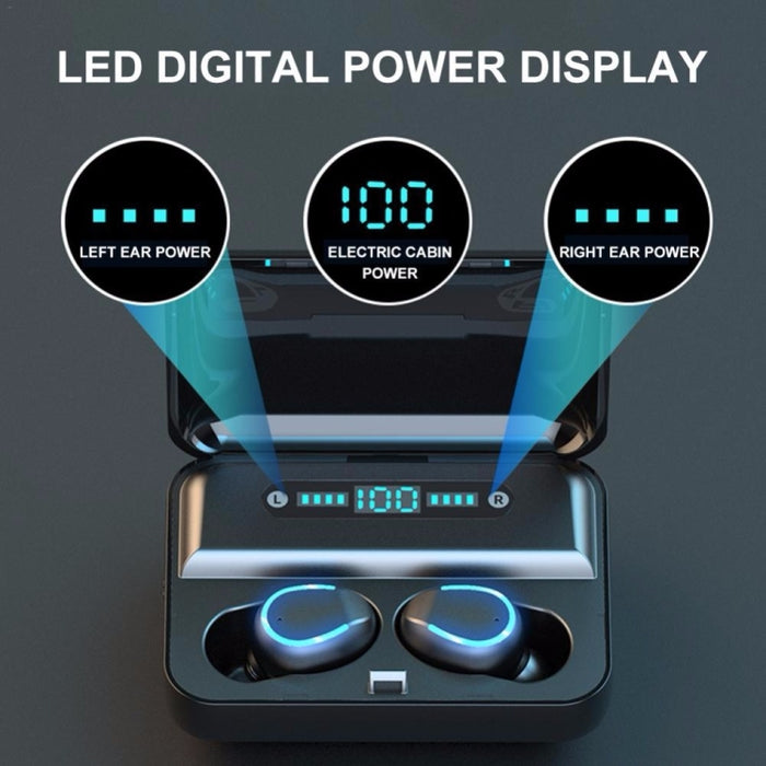 F9-5 Auricular Bluetooth táctil inteligente con cancelación de ruido y caja de carga, compatible con pantalla de alimentación LED de tres pantallas, llamadas HD, banco de energía y Siri